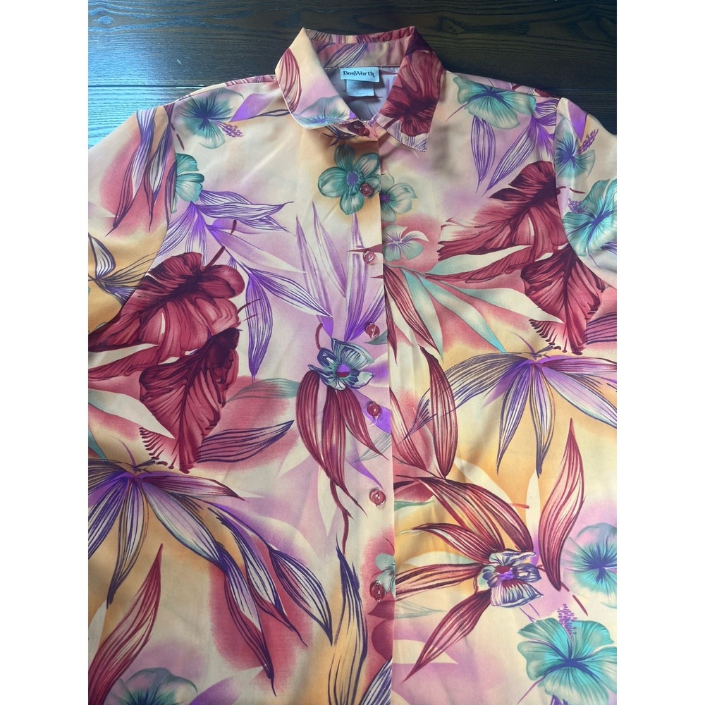 Vintage Bon Worth Large Orange Summer Floral Resort Beach Hawaii Button Down